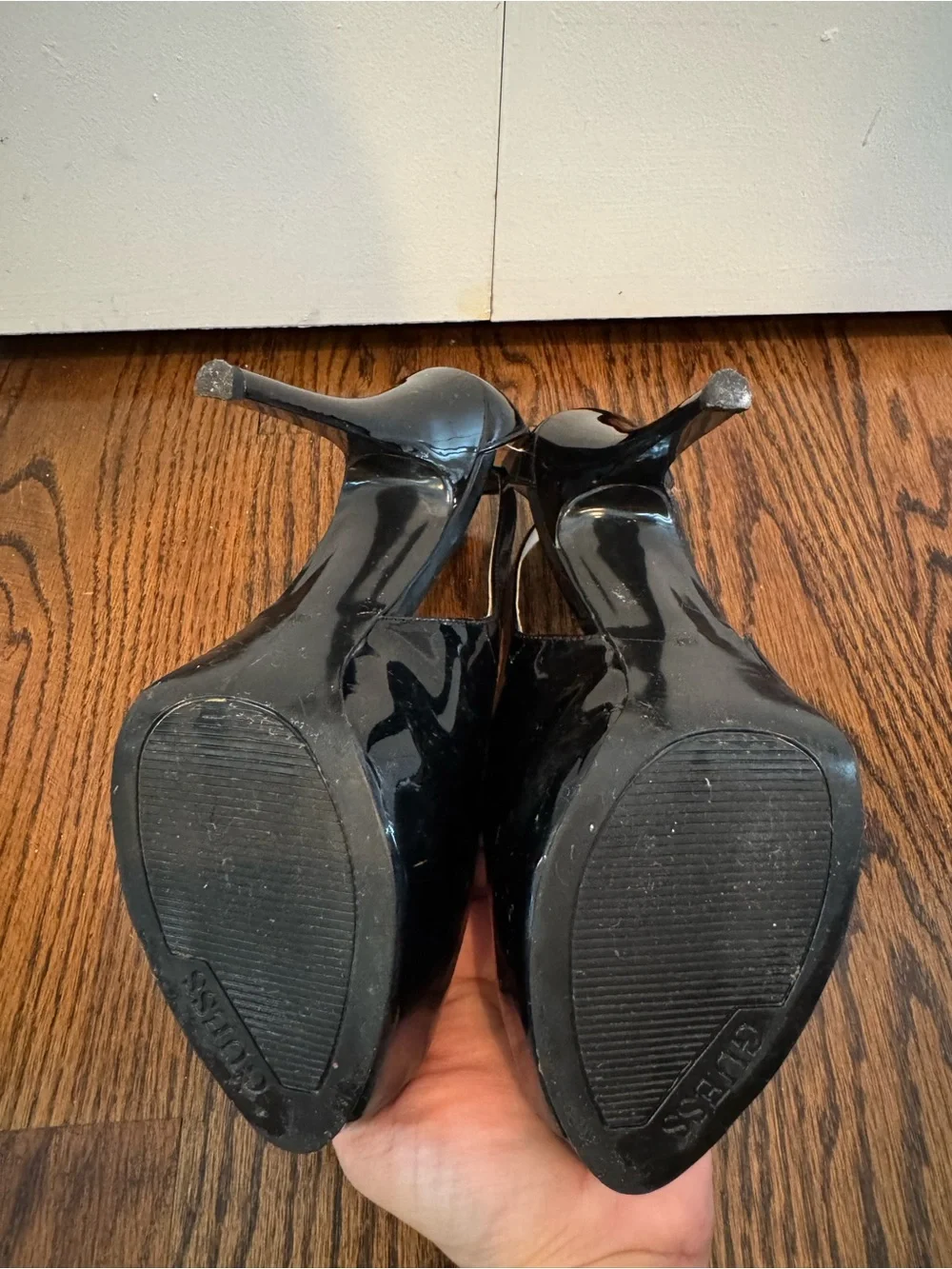 GUESS Black Patent Leather Peep Toe Platform Stiletto Heels | Size 6M